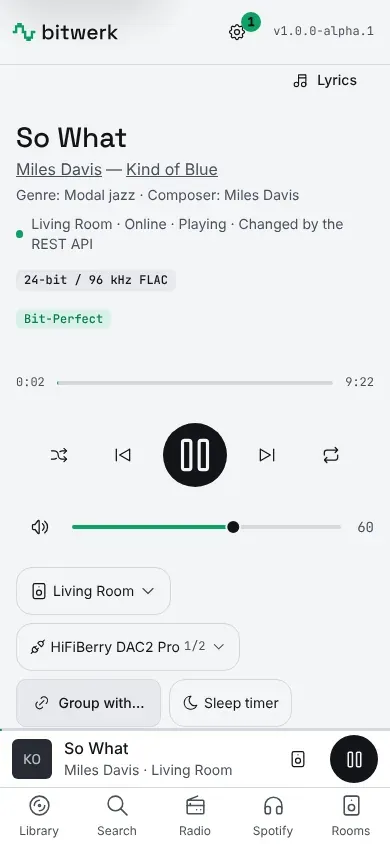 Now playing on a phone: the Living Room plays "So What" with the badges "24-bit / 96 kHz FLAC" and "Bit-Perfect", the transport and volume, the room and DAC buttons, the mini-player and the tab bar with Library, Search, Radio, Spotify and Rooms